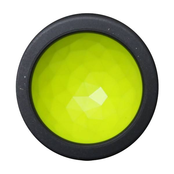 Top-down view of a black baseball bat end cap with a faceted, lime-green insert.