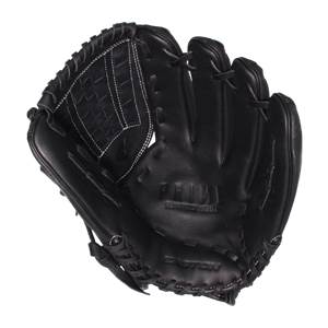 Top-down view of a black Easton Prime slow pitch softball glove with white stitching and embossed PRIME and EASTON branding.