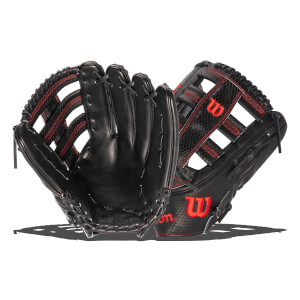 Angled view of two black baseball gloves with red lacing, red Wilson W logos, and SuperSkin texture.
