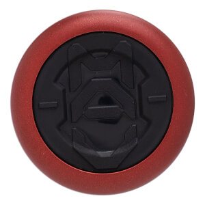 Top-down view of a metallic red and black bat end cap with a raised, stylized black geometric logo.