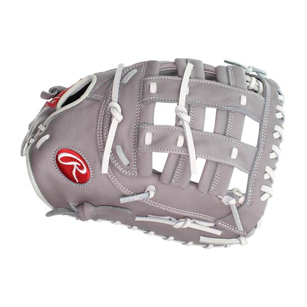 Side view of a gray softball glove with white lacing and a red Rawlings logo.