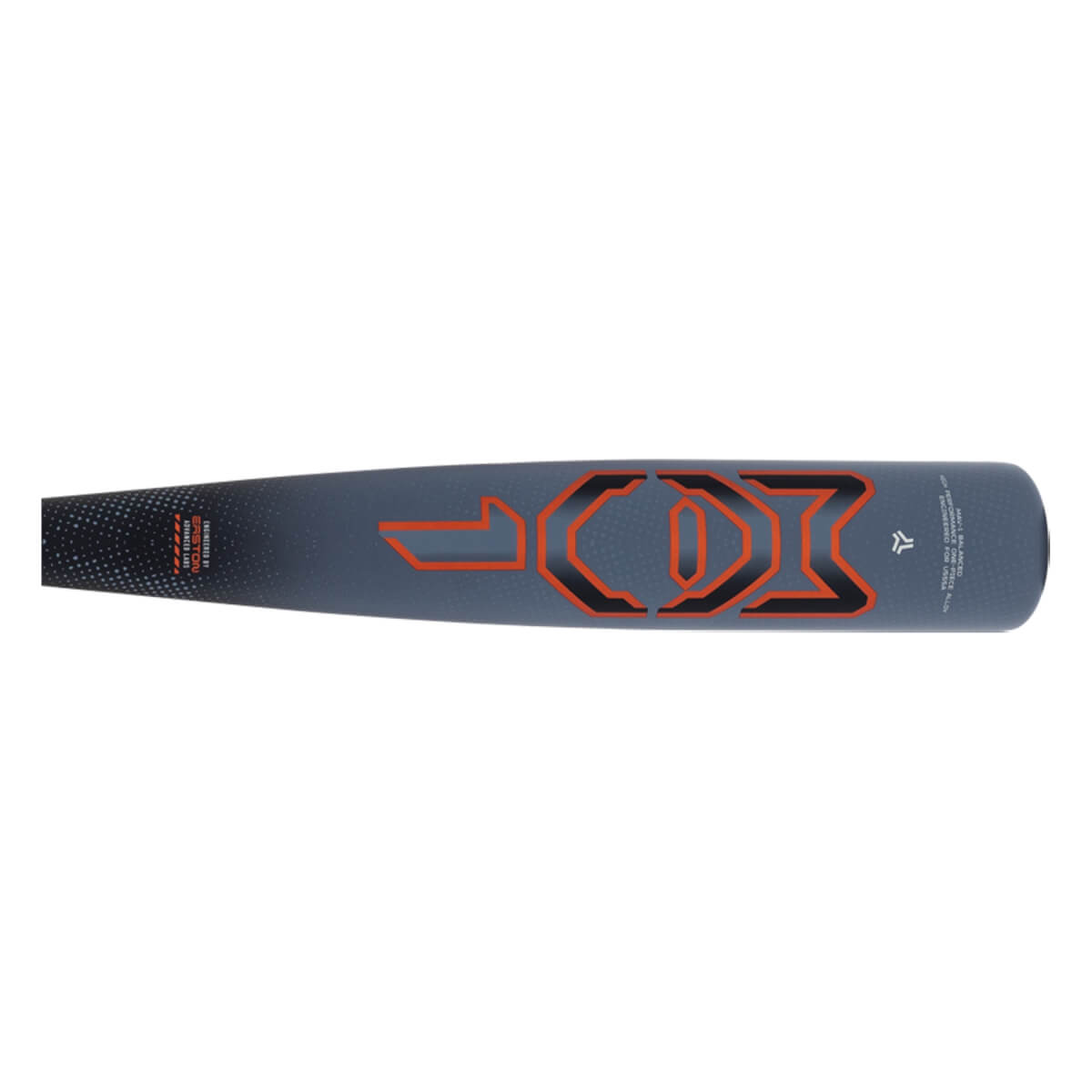 Side view of a dark gray baseball bat with a large orange and black geometric logo and a textured black grip.