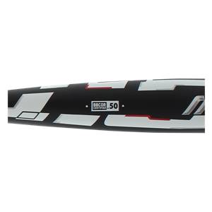 Side view of a black baseball bat with white geometric accents and BBCOR .50 certification.