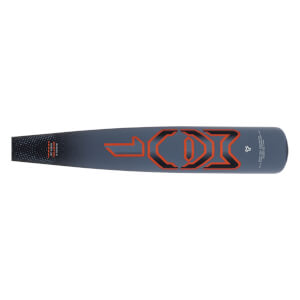 Side view of a dark gray baseball bat with a large orange and black geometric logo and a textured black grip.