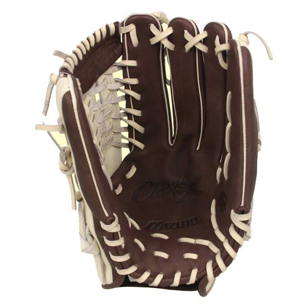 Front view of a brown and cream baseball glove with white lacing and embossed Classic and Mizuno text.