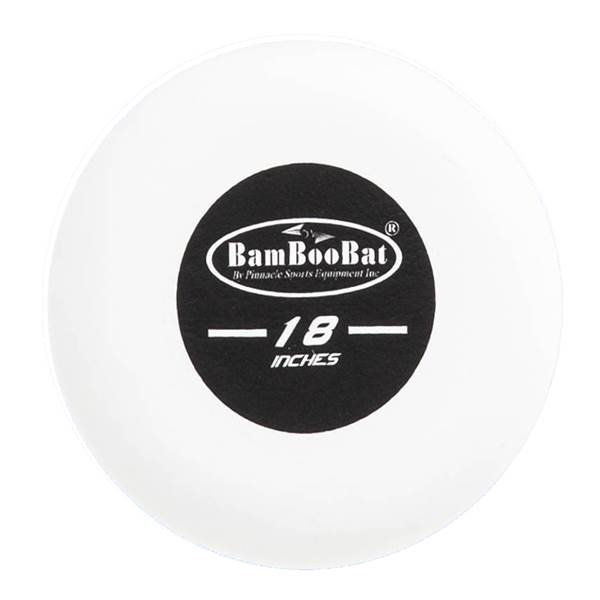Close-up of a white training bat end with a black circular logo that says BamBooBat and 18 INCHES.