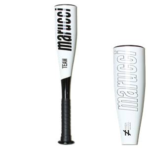Front view of a white baseball bat with black marucci and TEAM text, and a black grip.
