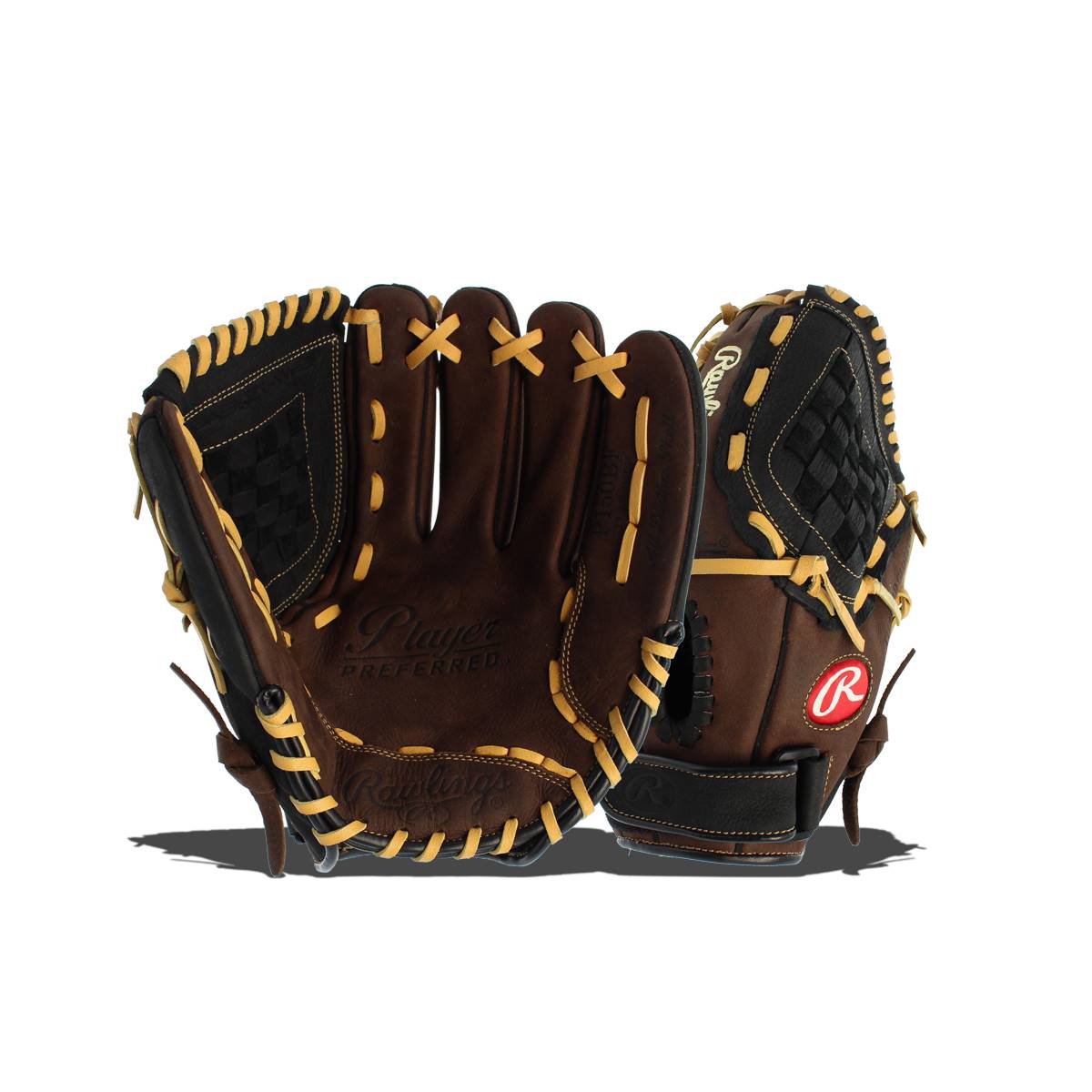 Front view of a brown baseball glove with yellow stitching and Player Preferred text.