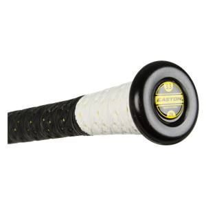 End view of a black baseball bat with a white grip, yellow accents, and Easton branding.