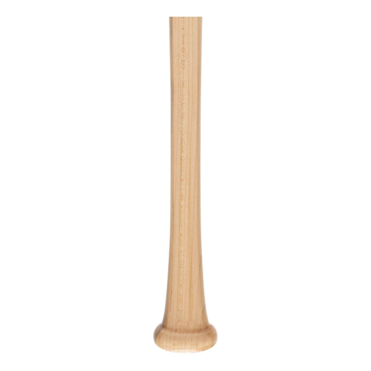 Close-up of a natural wood baseball bat handle with visible grain and a flared knob.