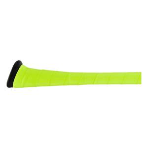 Side view of a neon yellow baseball bat with a black end cap and textured grip.