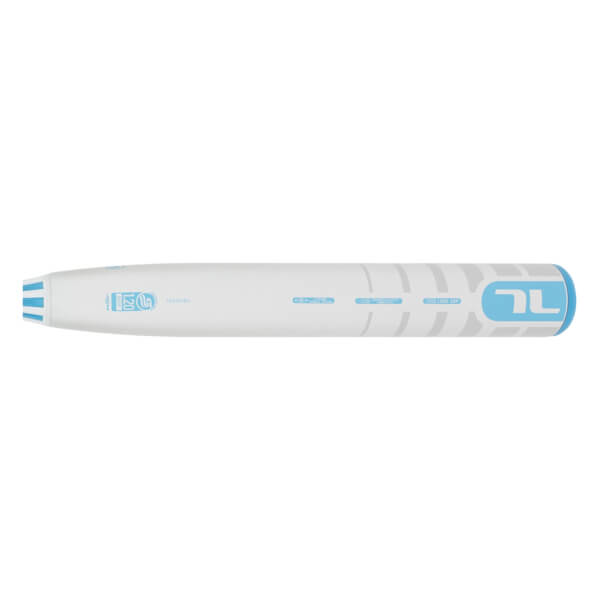 Side view of a white and light blue fastpitch softball bat with a light blue TL logo, 150 emblem, and striped design.