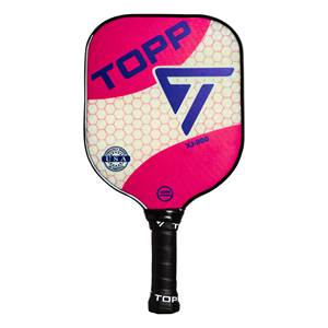 Front view of a pink pickleball paddle with a blue T logo, TOPP text, and XJ-900 label.