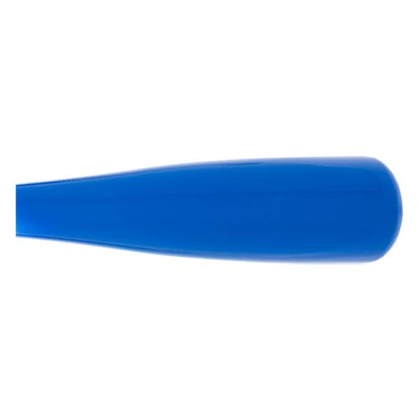 Side view of a blue training bat with a smooth, rounded end.