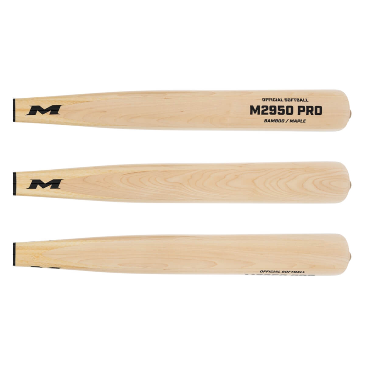 Multiple side views of a natural wood softball bat with black M logo, M2950 PRO, and BAMBOO / MAPLE text.