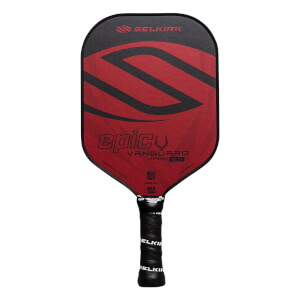 Front view of a red and black pickleball paddle with Selkirk branding, epic text, and a textured grip.