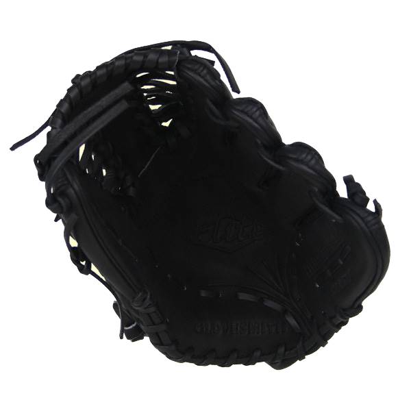 Interior view of a black baseball glove with Elite and GLOVESMITHS embossed.