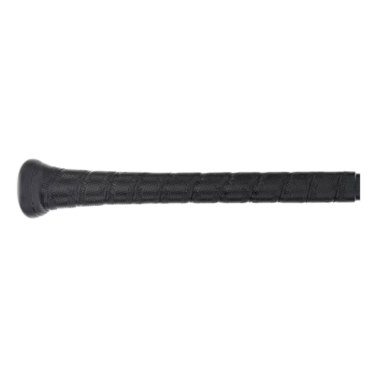 Side view of a black baseball bat with a textured grip and rounded end cap.