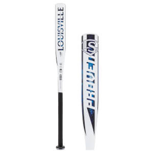 Split view of a white fastpitch softball bat with a black grip, Louisville on the taper, and blue Proven on the barrel.