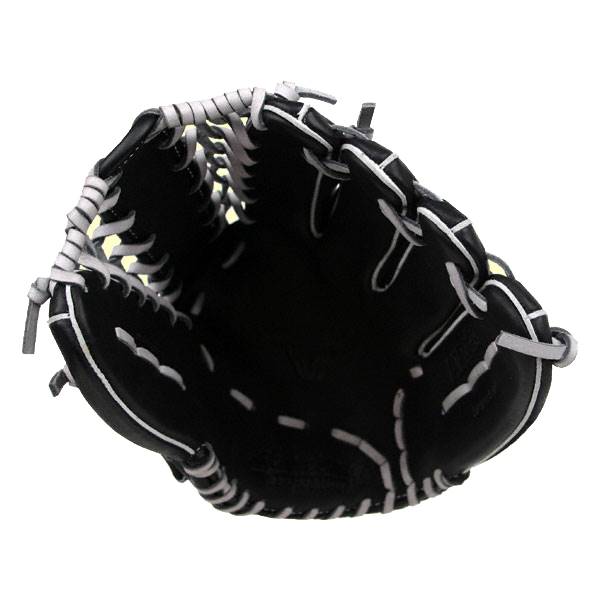 Top-down view of a black baseball glove with white lacing and a padded palm.