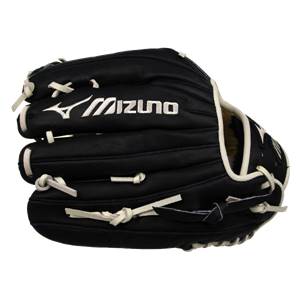 Front view of a black baseball glove with white Mizuno branding and lacing.