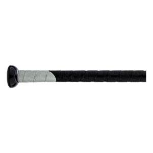 Side view of a black baseball bat with a silver grip and black patterned grip.