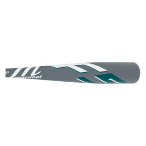 Side view of a gray baseball bat with white and teal accents and Marucci branding.