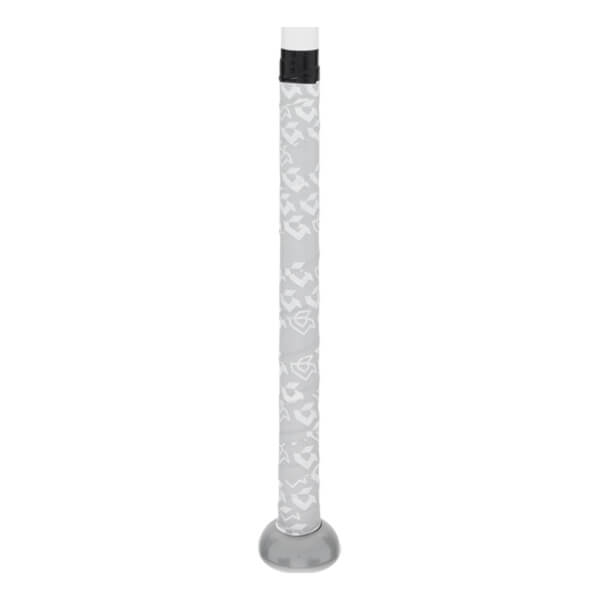 Side view of a light gray bat handle with a repeating pattern, black band, white end cap, and gray knob.