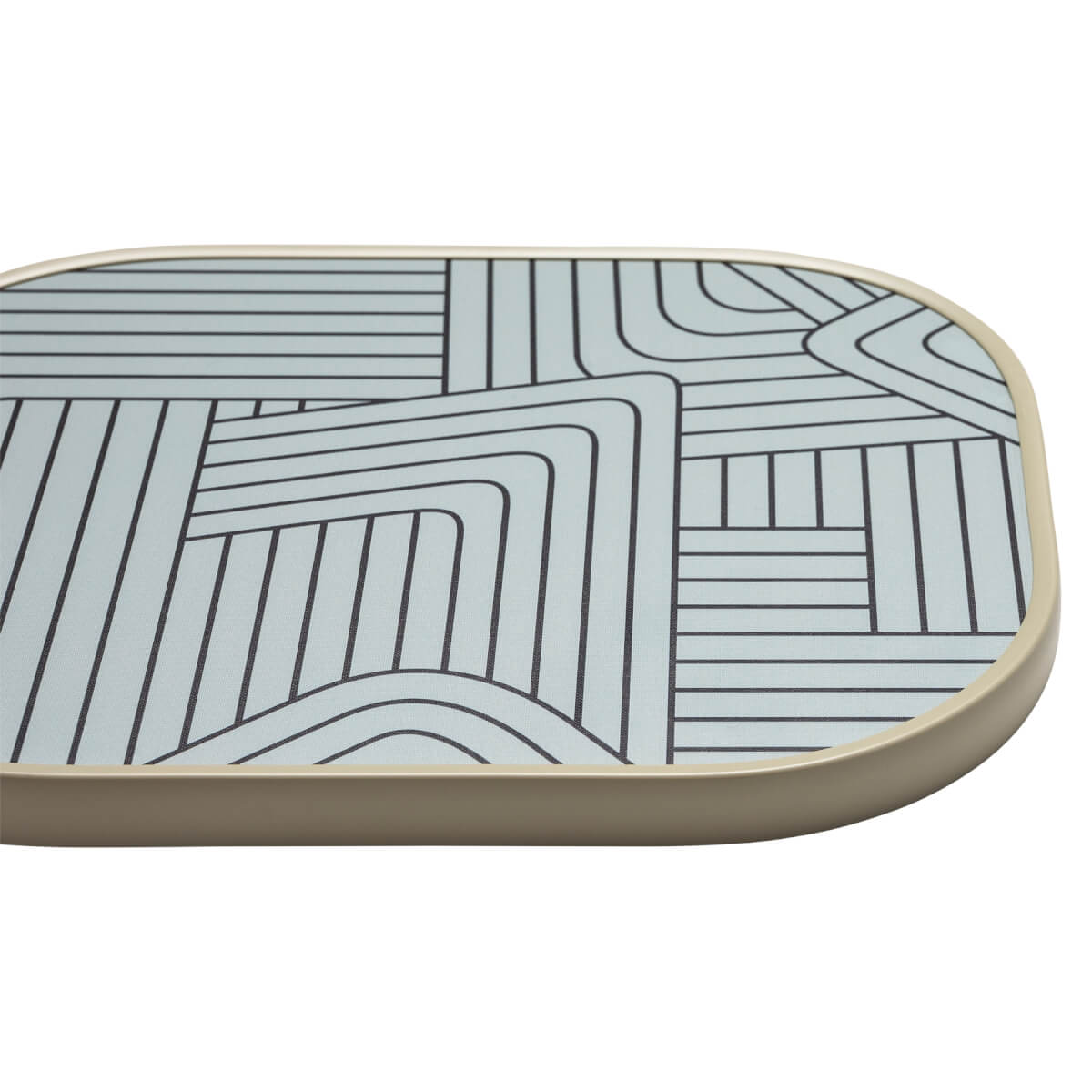 Corner view of a light blue pickleball paddle with a geometric black line pattern and a beige edge.