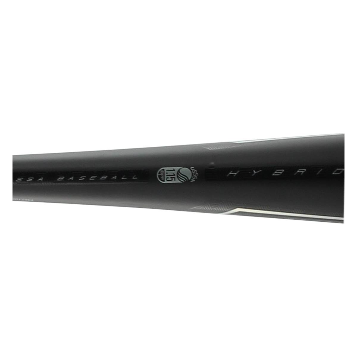 Side view of a black baseball bat with USSSA BASEBALL and HYBRID text.