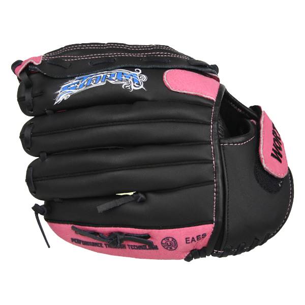 Front view of a black youth baseball glove with pink accents, STORM logo, and EAES text.