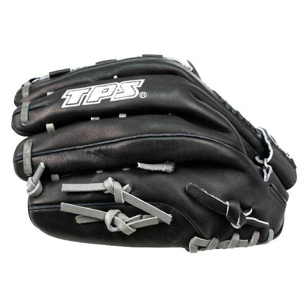 Side view of a black baseball glove with white TPS logo and gray lacing.