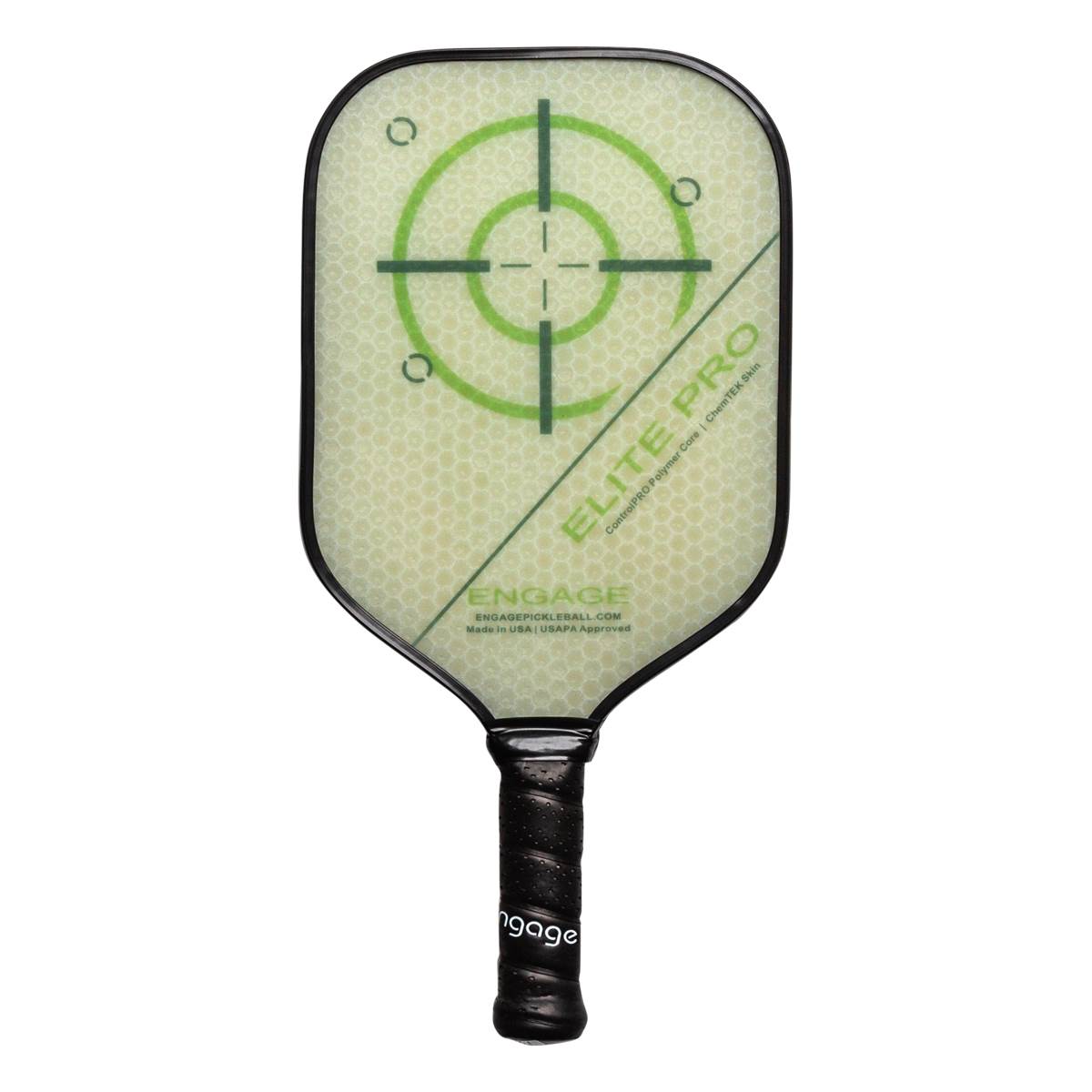 Front view of a white pickleball paddle with a green target design, ELITE PRO text, and a black grip.