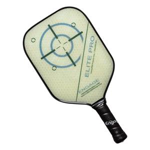 Top-down view of a light green Engage Elite Pro pickleball paddle with a target design and black grip.