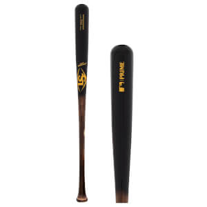 Full view of a black and brown baseball bat with gold Louisville Slugger LS logo, PRIME, and MLB logo.