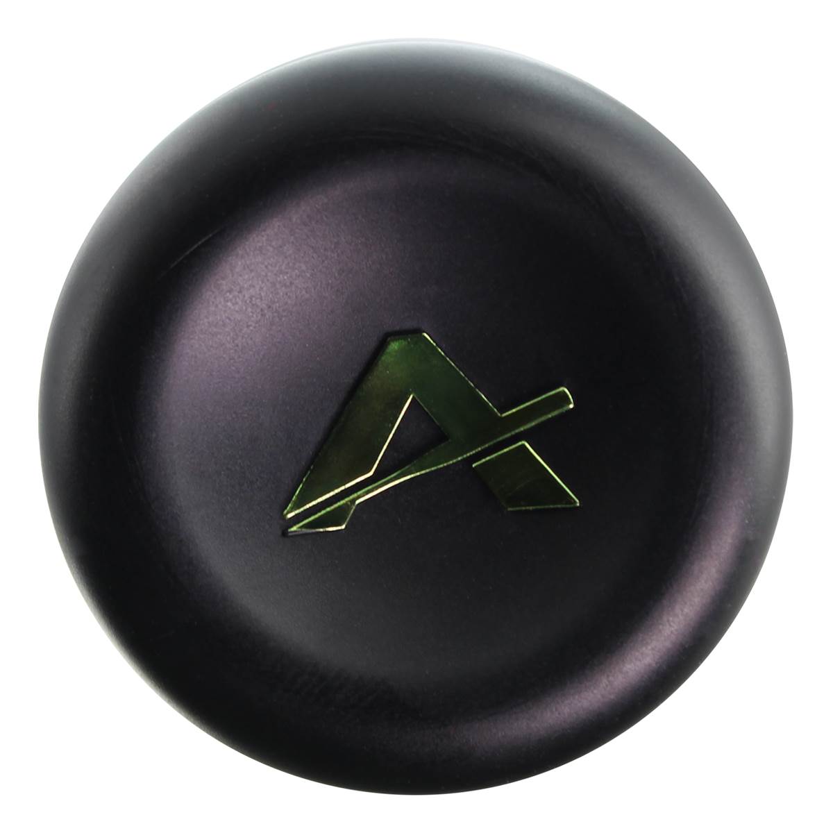 End cap view of a black Anderson bat with a green A logo.
