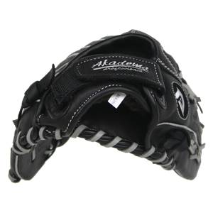 Top-down view of a black baseball glove with white stitching and Akadema logo.