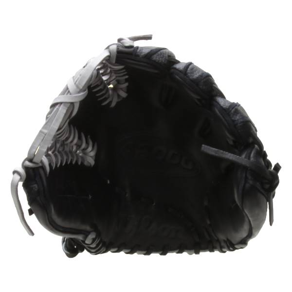 Inside view of a black baseball glove with white lacing and A2000 embossed on the palm.