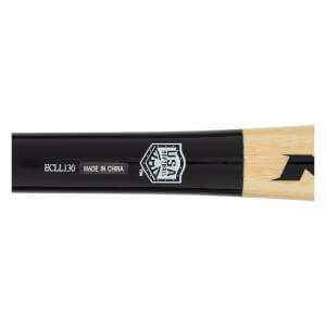Close-up of a black and natural wood softball bat with USA Softball logo, MADE IN CHINA text, and black M logo.