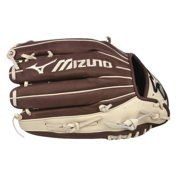 Side view of a brown baseball glove with white stitching and Mizuno branding.