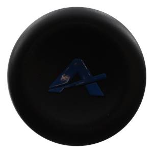 Top-down view of a black baseball bat end cap with a blue A logo.