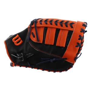 Side view of a black and orange baseball glove with navy lacing and a Wilson W logo.