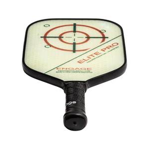 Top-down view of a white pickleball paddle with a target design, ELITE PRO text, and black grip.