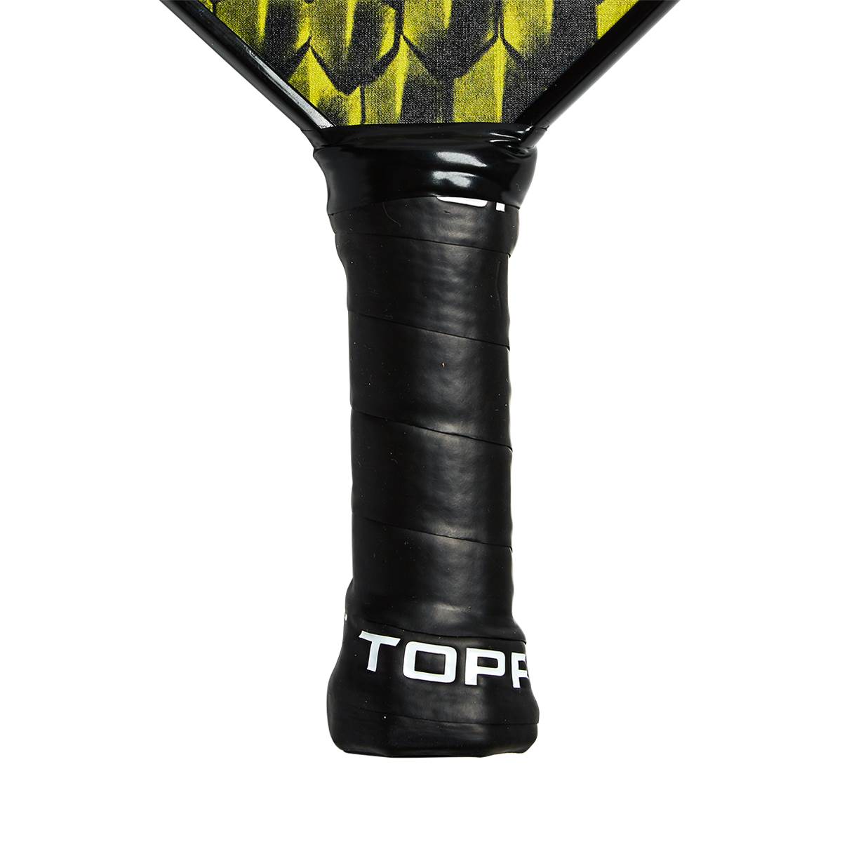 Bottom view of a black pickleball paddle grip with white TOPP branding.