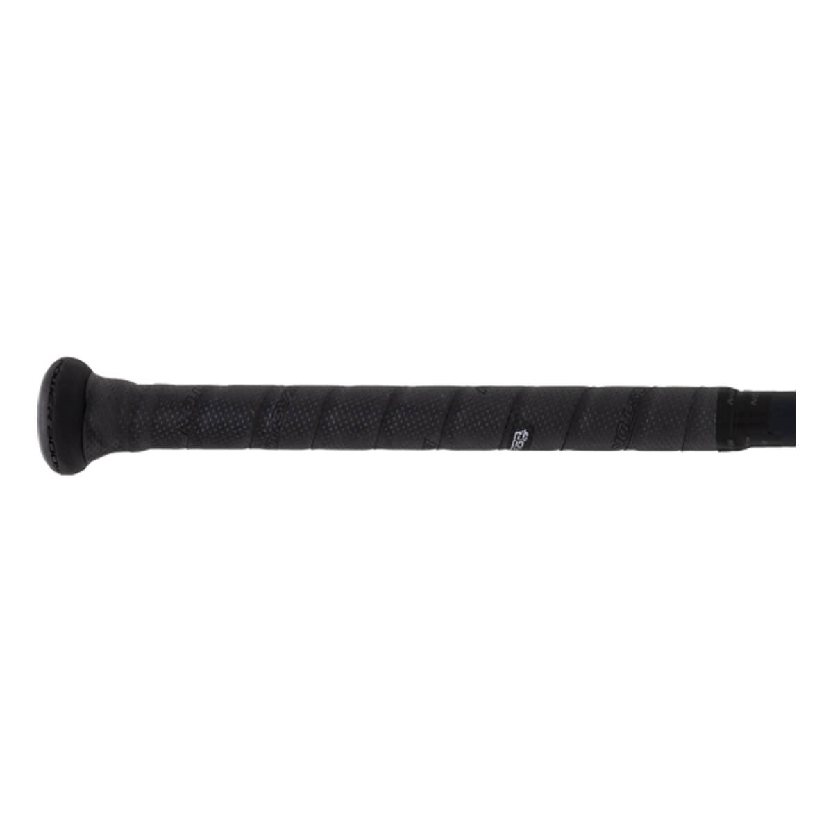 Close-up side view of a black baseball bat handle with textured grip tape and a flared knob.