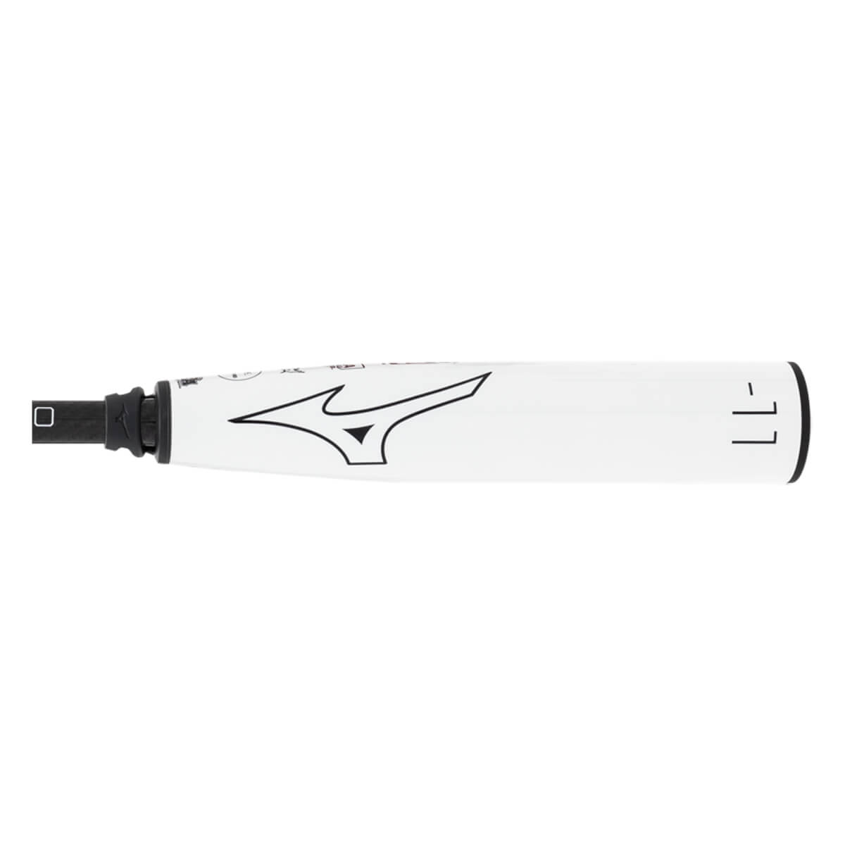 Side view of a white fastpitch softball bat with a black Mizuno logo, black grip, and -11 text.