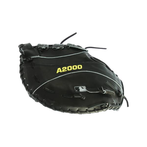 Front view of a black first base mitt with yellow A2000 text and a MLB logo.
