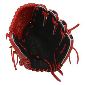 Interior view of a scarlet baseball glove with black palm and red lacing.