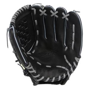 Interior view of a black baseball glove with grey stitching and MATTINGLY embossed on the palm.