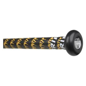 Side view of a black youth baseball bat with yellow tiger stripe grip and 32 V GRIP on the knob.